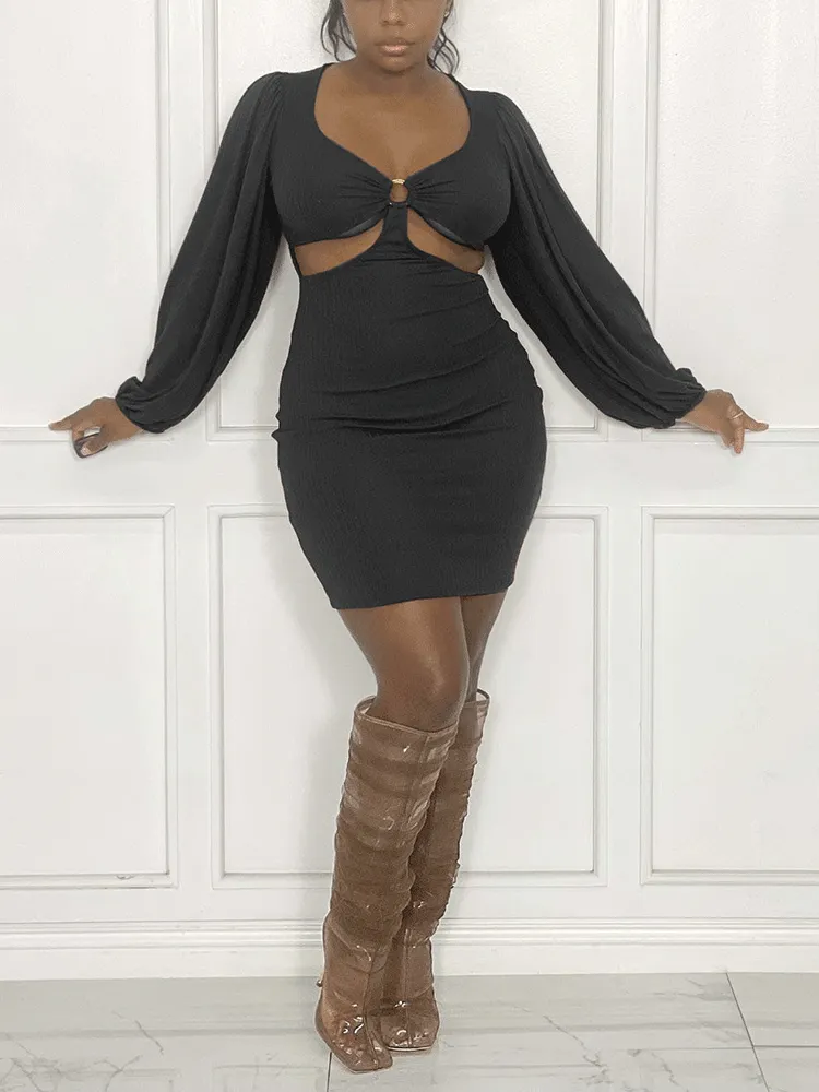 V Neck Cutout Ring Mini Dress