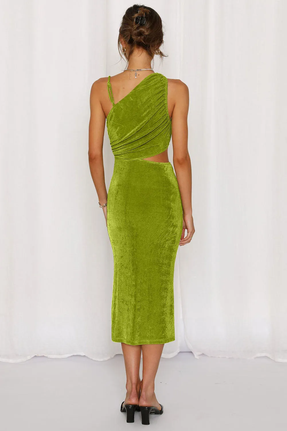Velvet One Shoulder Sleeveless Cut out Sheath Midi Dress