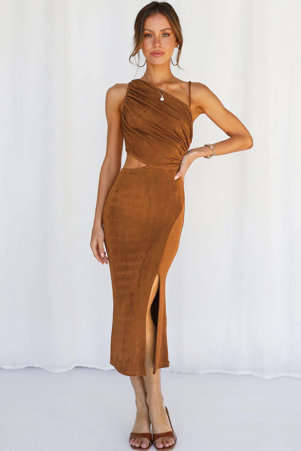 Velvet One Shoulder Sleeveless Cut out Sheath Midi Dress