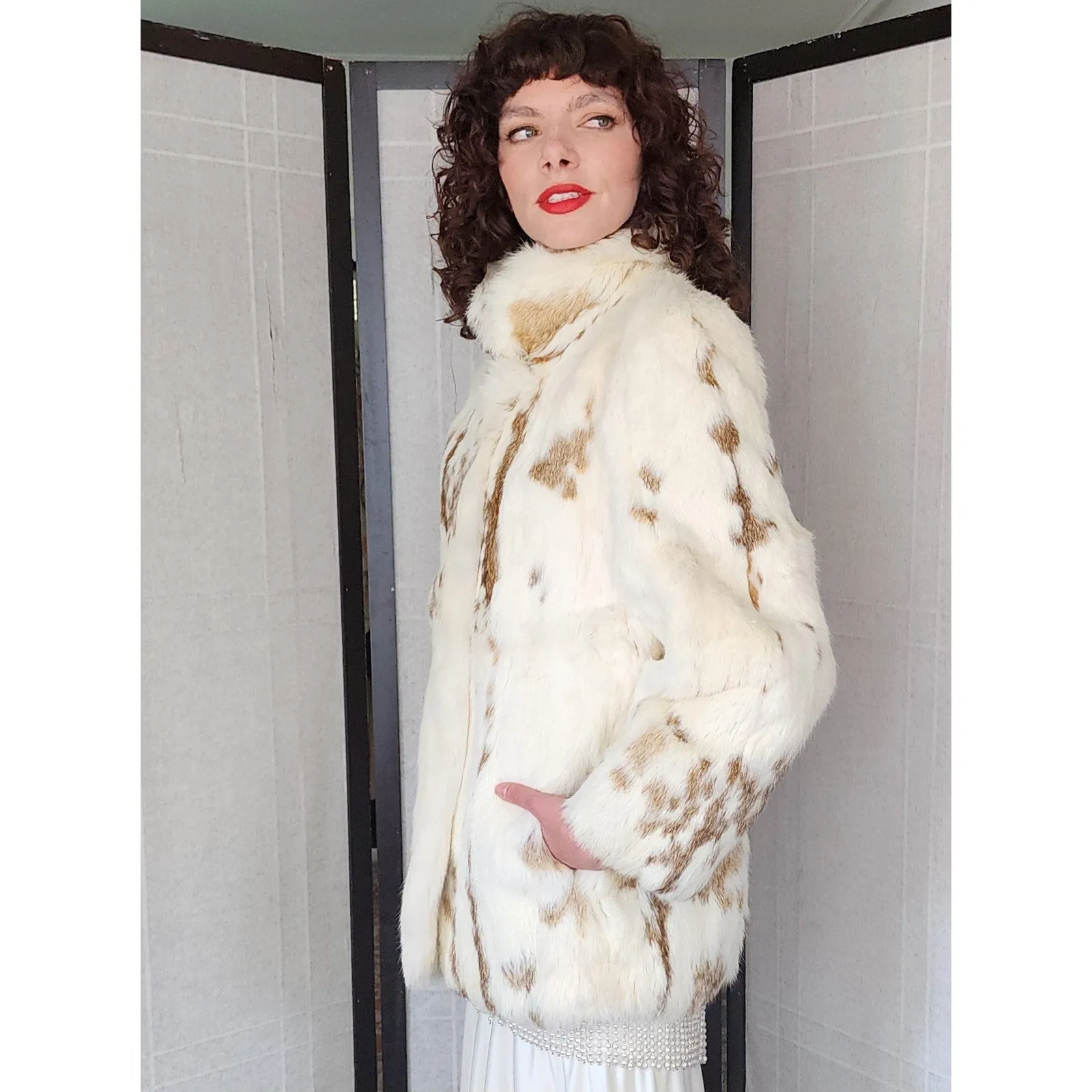 Vintage 70s Rabbit Fur Jacket White Brown Mottled Pattern