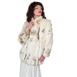 Vintage 70s Rabbit Fur Jacket White Brown Mottled Pattern