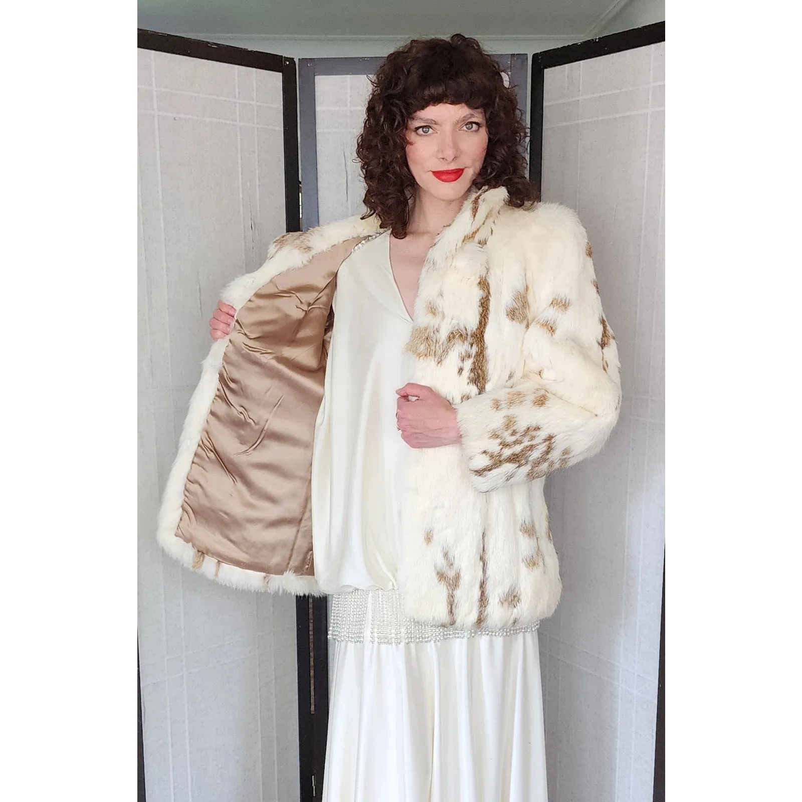 Vintage 70s Rabbit Fur Jacket White Brown Mottled Pattern