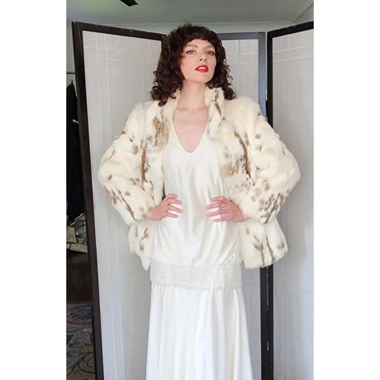 Vintage 70s Rabbit Fur Jacket White Brown Mottled Pattern