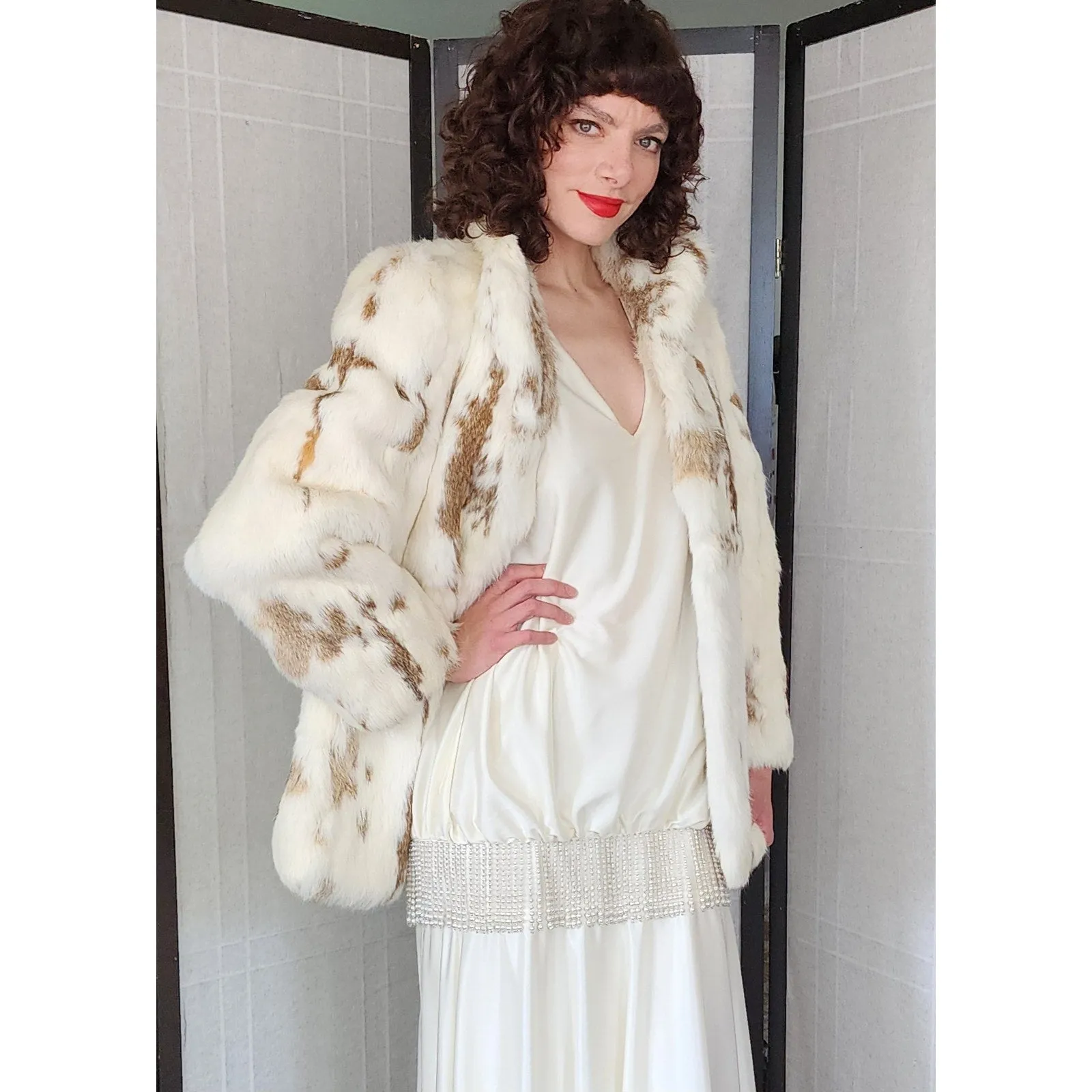 Vintage 70s Rabbit Fur Jacket White Brown Mottled Pattern