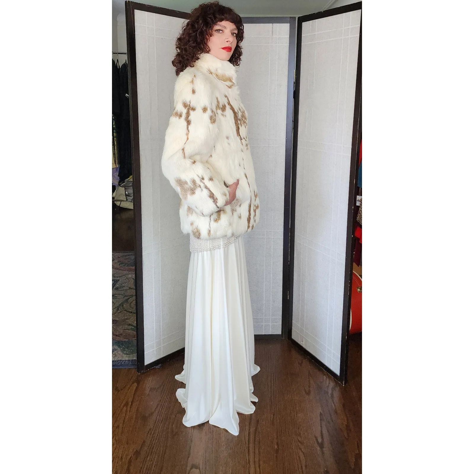 Vintage 70s Rabbit Fur Jacket White Brown Mottled Pattern