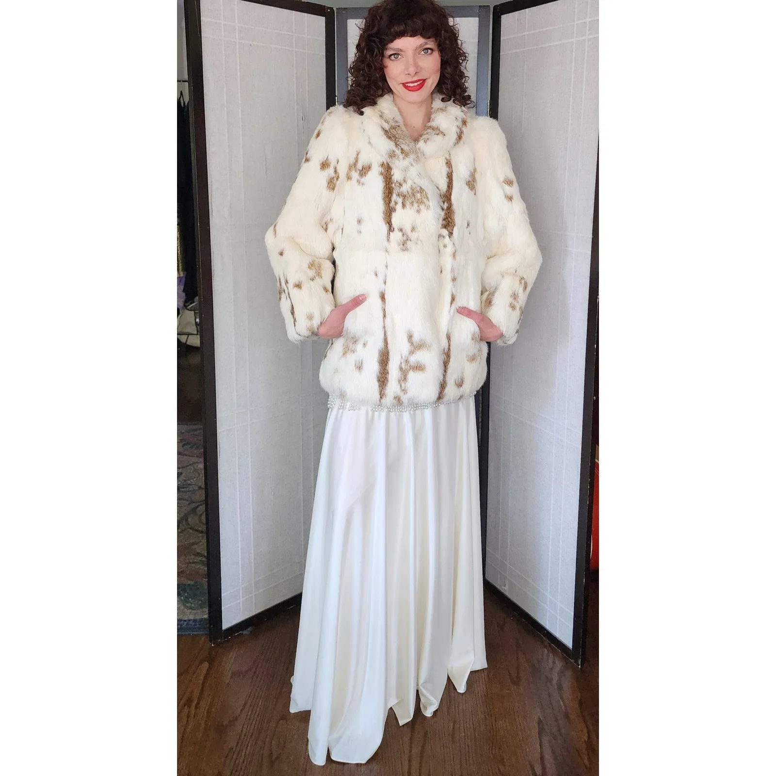 Vintage 70s Rabbit Fur Jacket White Brown Mottled Pattern