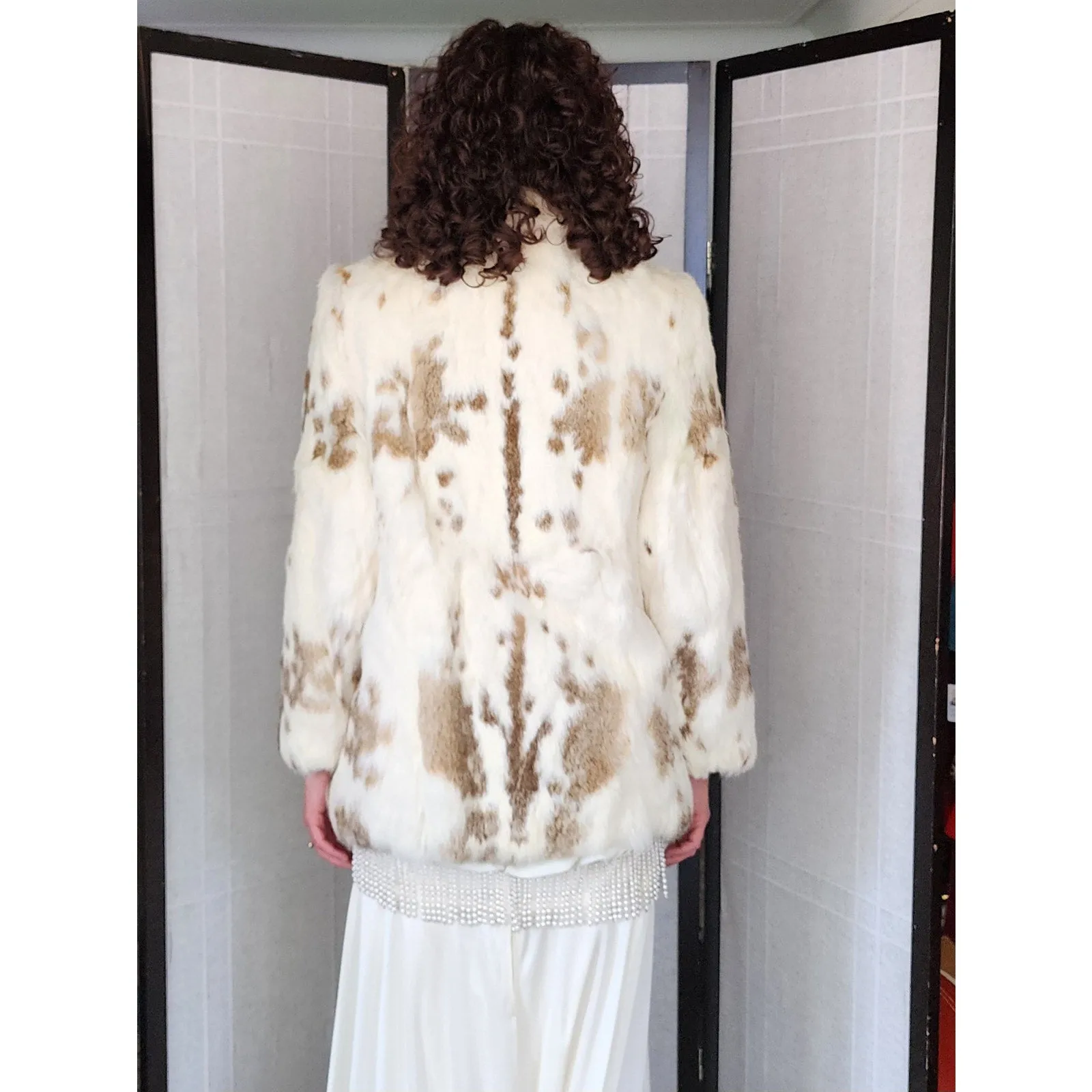 Vintage 70s Rabbit Fur Jacket White Brown Mottled Pattern
