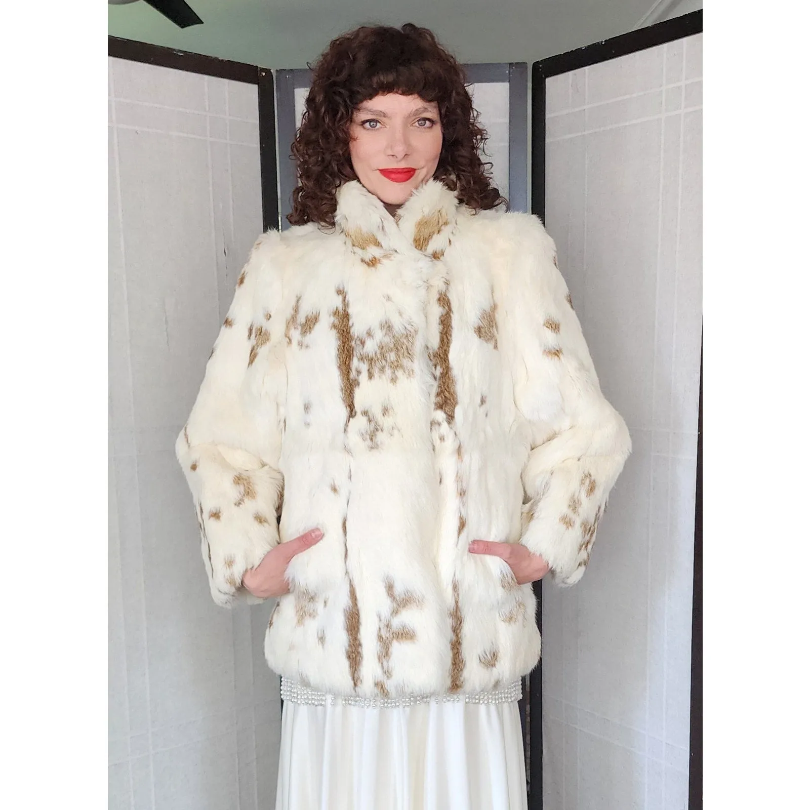 Vintage 70s Rabbit Fur Jacket White Brown Mottled Pattern