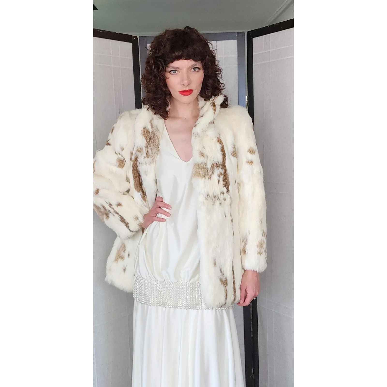 Vintage 70s Rabbit Fur Jacket White Brown Mottled Pattern