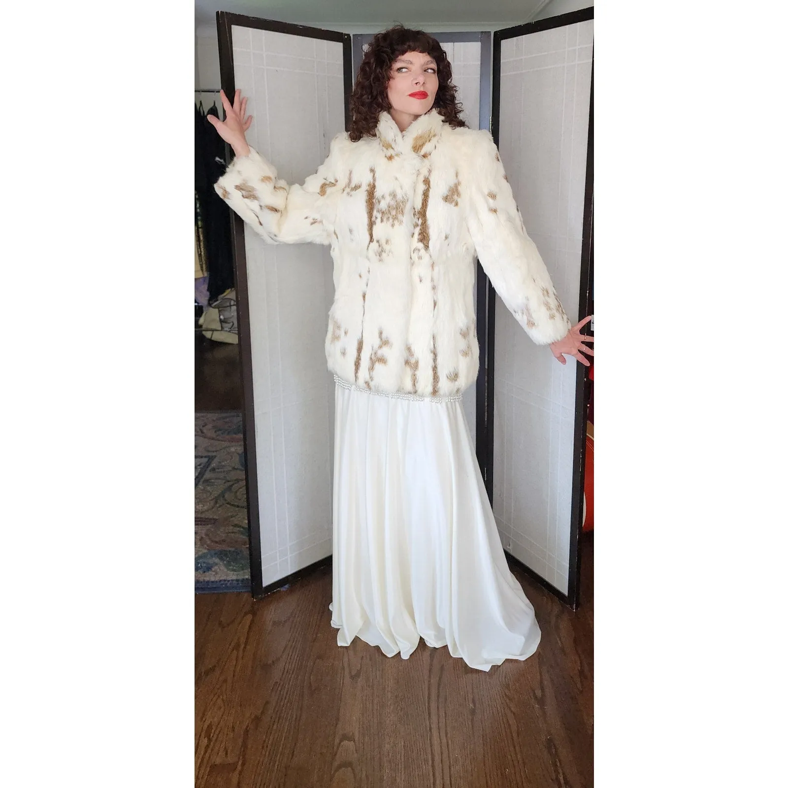 Vintage 70s Rabbit Fur Jacket White Brown Mottled Pattern