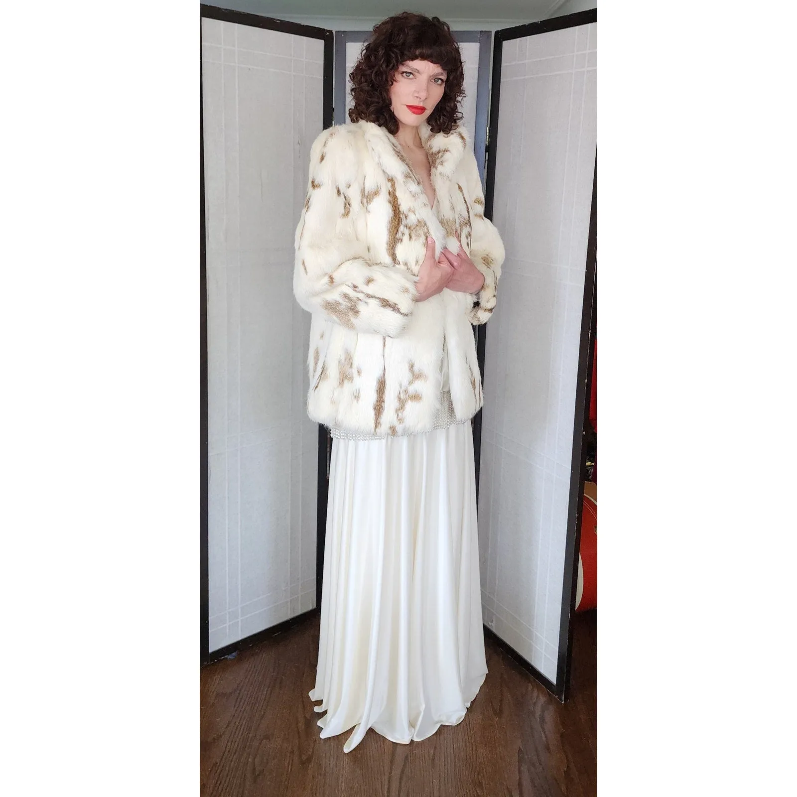 Vintage 70s Rabbit Fur Jacket White Brown Mottled Pattern