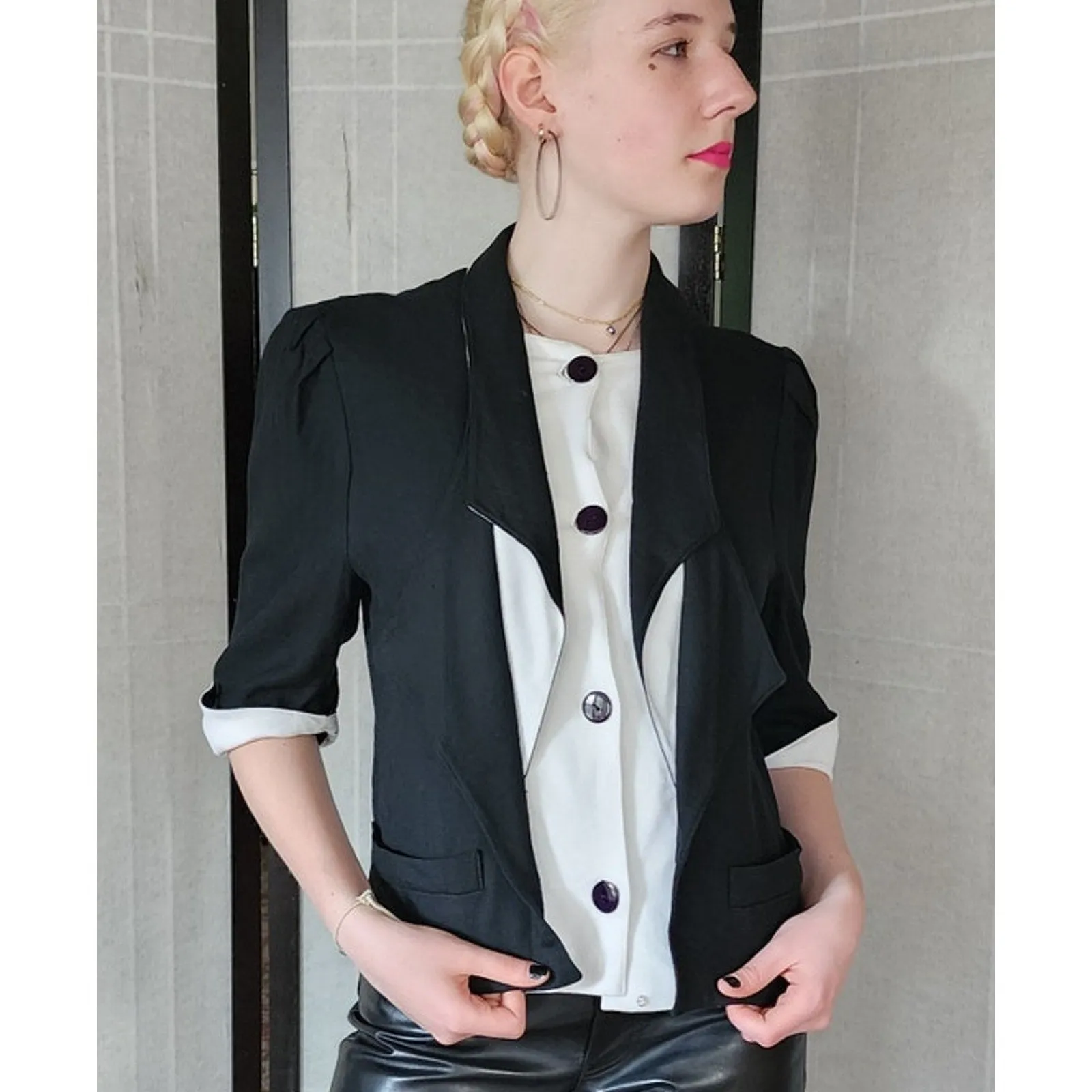 Vintage 80s Louis Feraud Blazer Black White Faux Tuxedo Style