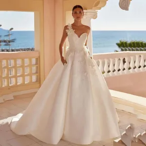 Vintage Wedding Dresses One Shoulder A-Line Lace Appliques Bridal Gowns With Pockets Princess 3D Flowers Bride Dress