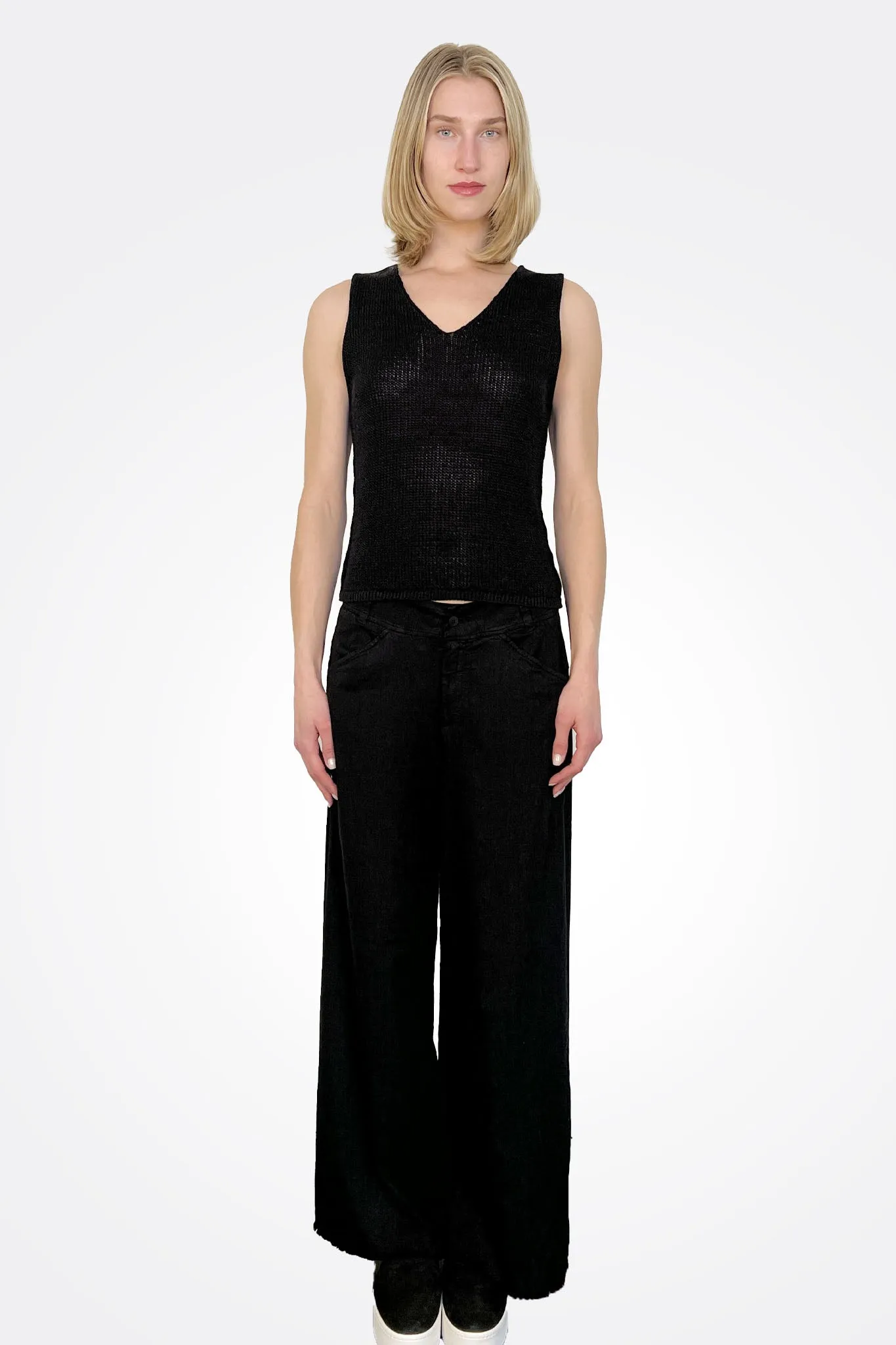Wide Leg Frayed Bottom Trousers - Black