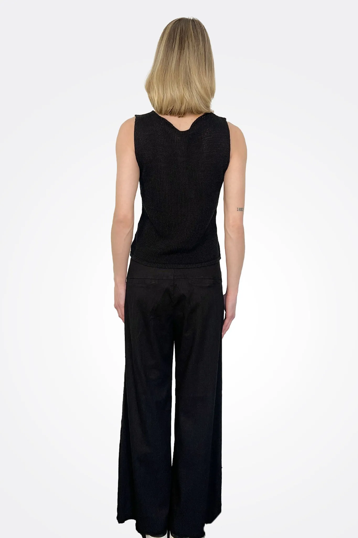 Wide Leg Frayed Bottom Trousers - Black