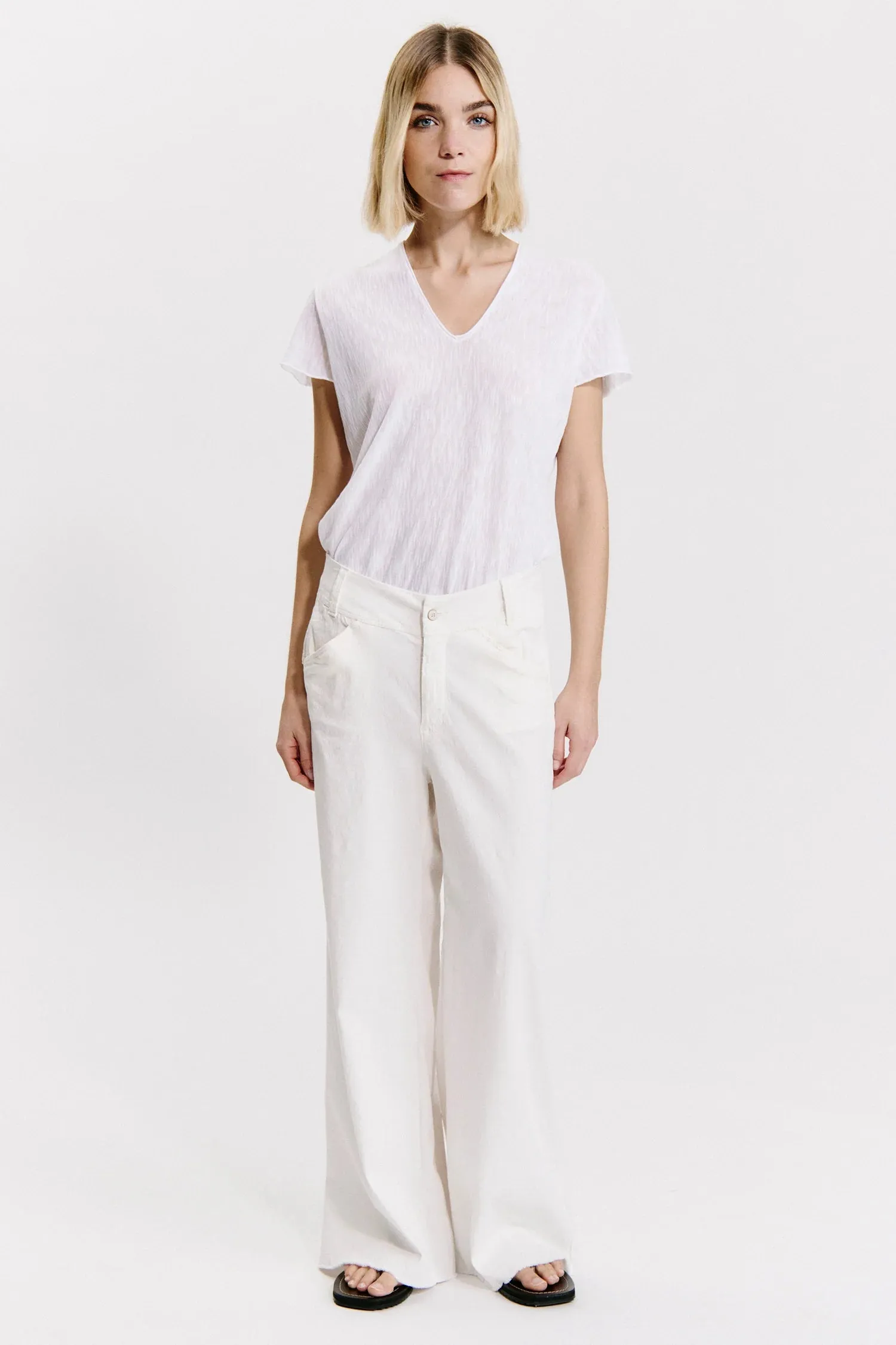 Wide Leg Frayed Bottom Trousers - Milk