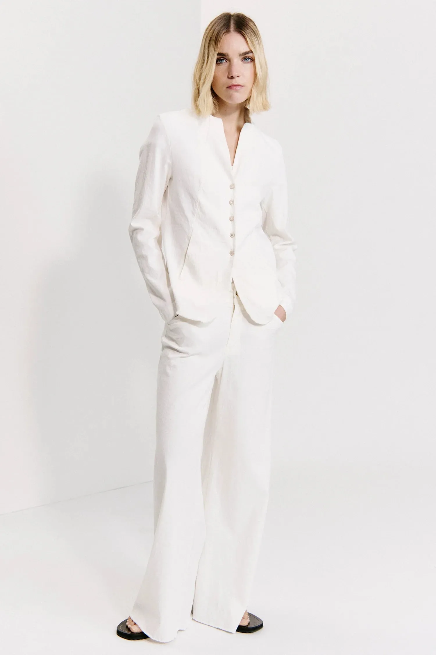 Wide Leg Frayed Bottom Trousers - Milk