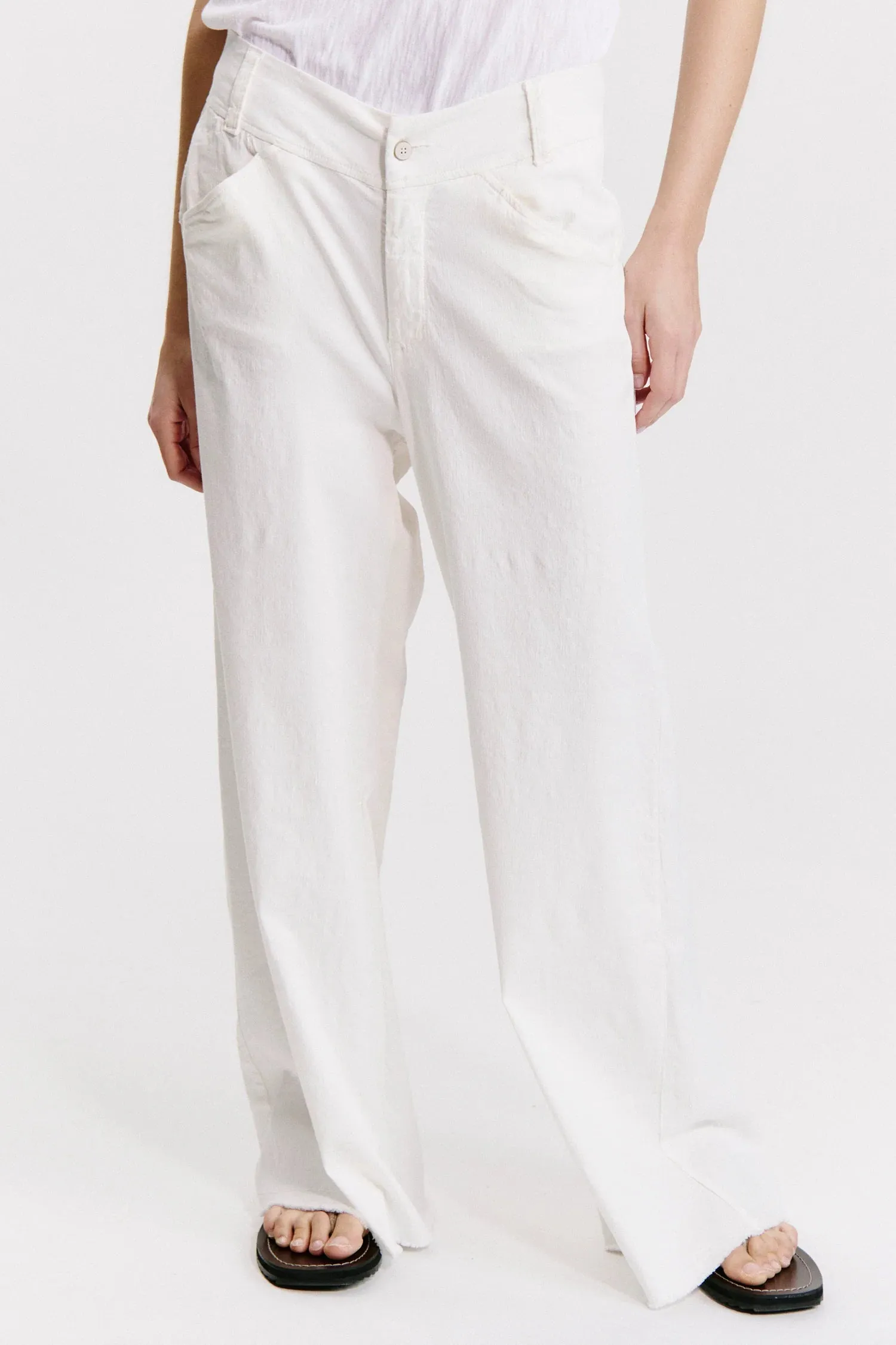 Wide Leg Frayed Bottom Trousers - Milk