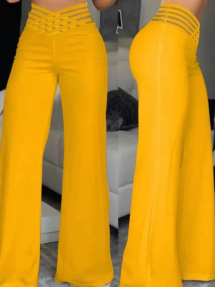 Wide Leg Y2k High Waist Pants Sexy Crisscross Sheer Mesh Waist Office Chic Flared Trousers for Women