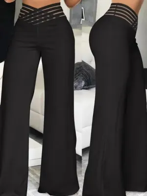 Wide Leg Y2k High Waist Pants Sexy Crisscross Sheer Mesh Waist Office Chic Flared Trousers for Women