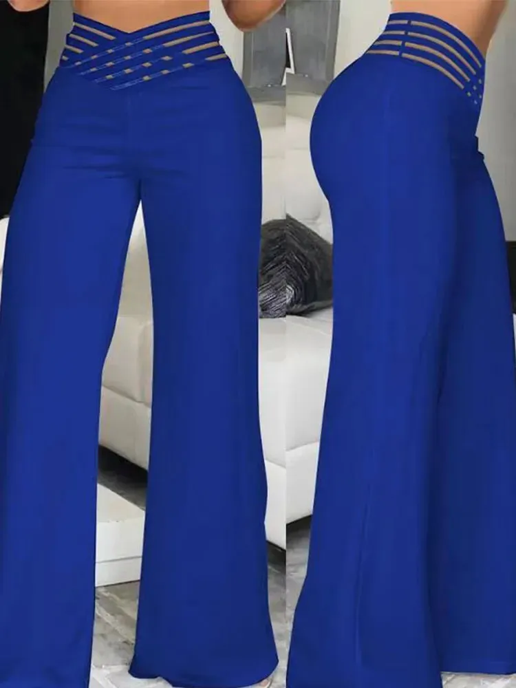 Wide Leg Y2k High Waist Pants Sexy Crisscross Sheer Mesh Waist Office Chic Flared Trousers for Women