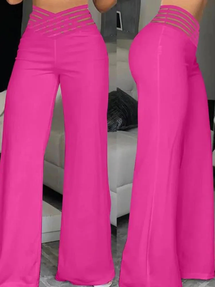 Wide Leg Y2k High Waist Pants Sexy Crisscross Sheer Mesh Waist Office Chic Flared Trousers for Women