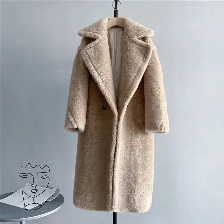Winter Jacket Women Long Coat  Wool Woven Fabric Thick Warm Outerwear Oversize Fashion Streetwear Teddy Bear Coats