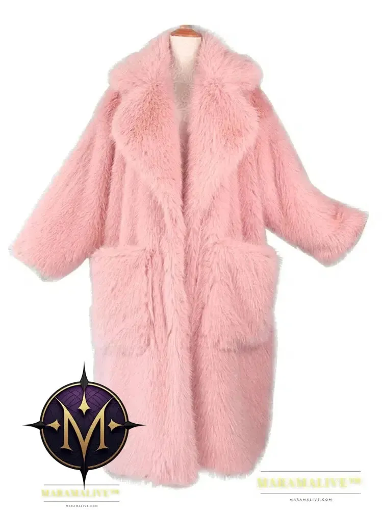 Winter Long Oversized Pink Thick Warm Soft Shaggy Fluffy Faux Fur Coat Women Pockets Lapel Loose Sweet Cute Fashion 2022