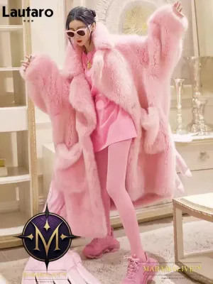 Winter Long Oversized Pink Thick Warm Soft Shaggy Fluffy Faux Fur Coat Women Pockets Lapel Loose Sweet Cute Fashion 2022