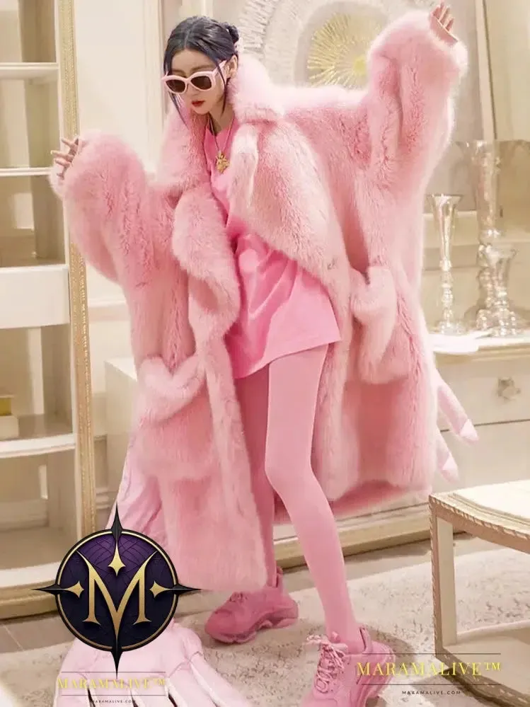 Winter Long Oversized Pink Thick Warm Soft Shaggy Fluffy Faux Fur Coat Women Pockets Lapel Loose Sweet Cute Fashion 2022