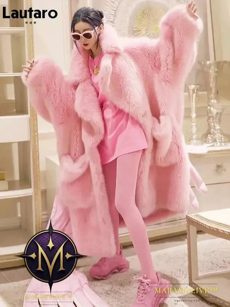 Winter Long Oversized Pink Thick Warm Soft Shaggy Fluffy Faux Fur Coat Women Pockets Lapel Loose Sweet Cute Fashion 2022