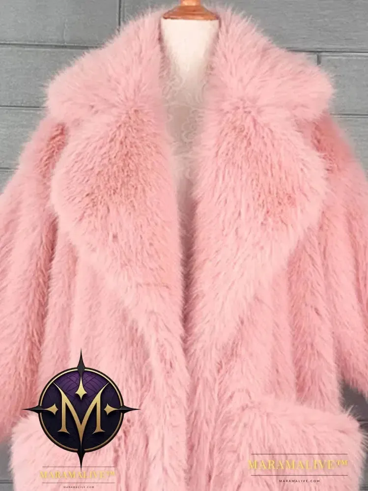 Winter Long Oversized Pink Thick Warm Soft Shaggy Fluffy Faux Fur Coat Women Pockets Lapel Loose Sweet Cute Fashion 2022