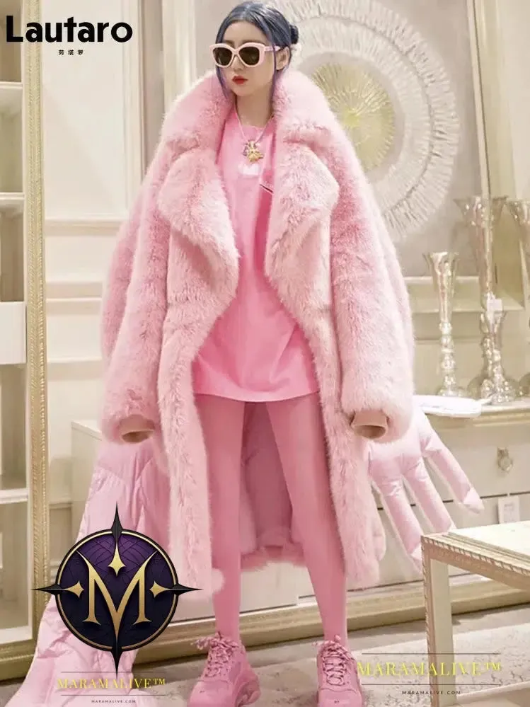 Winter Long Oversized Pink Thick Warm Soft Shaggy Fluffy Faux Fur Coat Women Pockets Lapel Loose Sweet Cute Fashion 2022