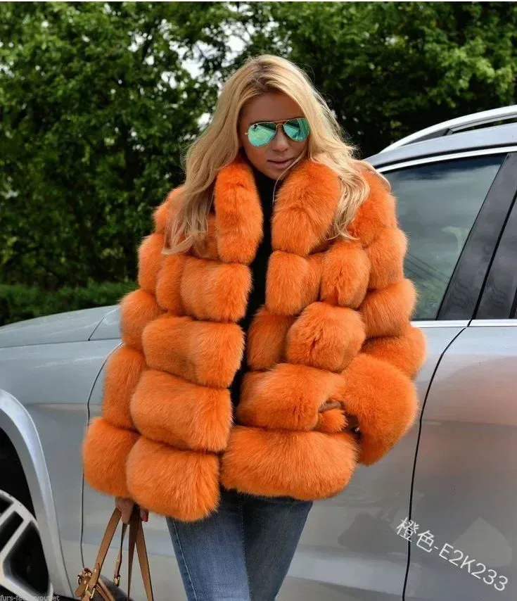 Women Faux Fox Fur Coats Maxi Coats Turn Down Collar Thick Warm Elegant Autumn Winter Open Stitch Fur Jackets Warm Streetwear
