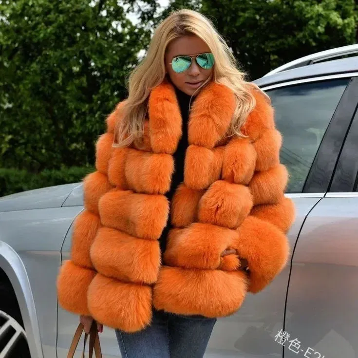 Women Faux Fox Fur Coats Maxi Coats Turn Down Collar Thick Warm Elegant Autumn Winter Open Stitch Fur Jackets Warm Streetwear