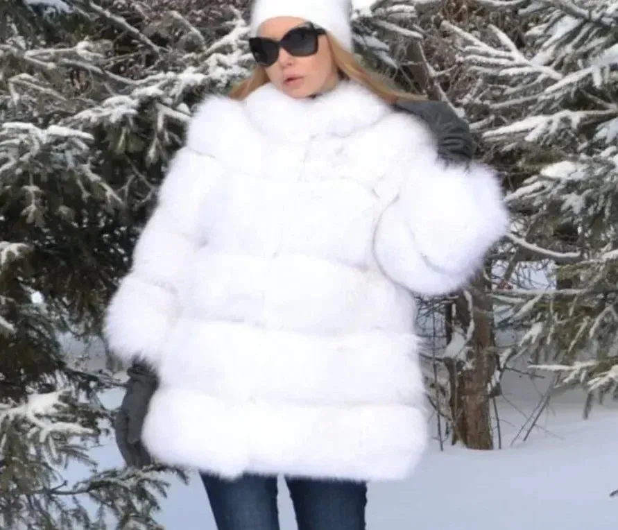 Women Faux Fox Fur Coats Maxi Coats Turn Down Collar Thick Warm Elegant Autumn Winter Open Stitch Fur Jackets Warm Streetwear