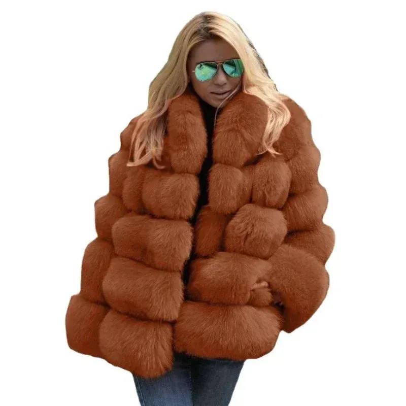 Women Faux Fox Fur Coats Maxi Coats Turn Down Collar Thick Warm Elegant Autumn Winter Open Stitch Fur Jackets Warm Streetwear