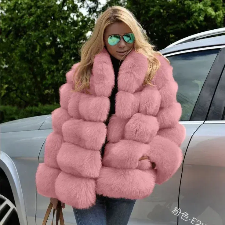 Women Faux Fox Fur Coats Maxi Coats Turn Down Collar Thick Warm Elegant Autumn Winter Open Stitch Fur Jackets Warm Streetwear