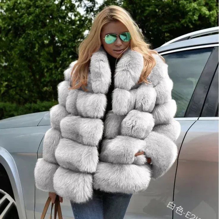 Women Faux Fox Fur Coats Maxi Coats Turn Down Collar Thick Warm Elegant Autumn Winter Open Stitch Fur Jackets Warm Streetwear