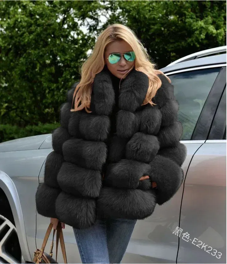 Women Faux Fox Fur Coats Maxi Coats Turn Down Collar Thick Warm Elegant Autumn Winter Open Stitch Fur Jackets Warm Streetwear