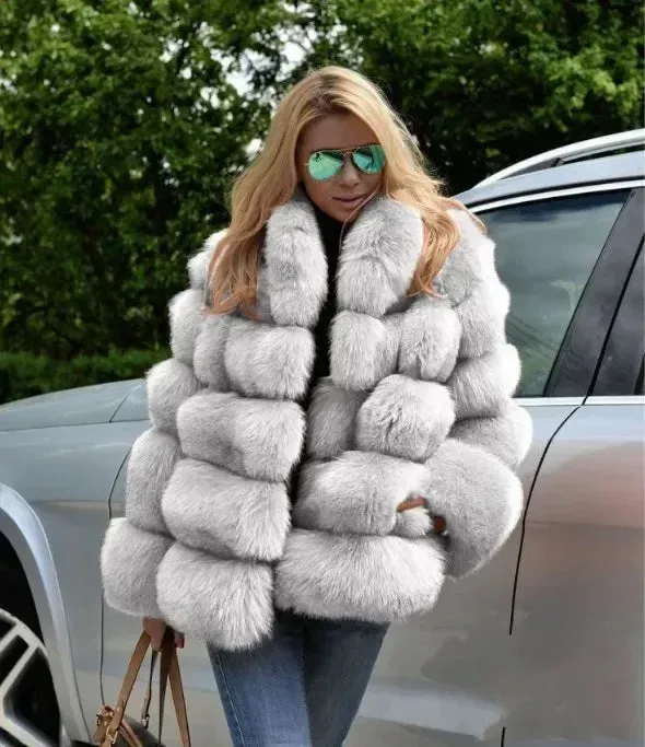 Women Faux Fox Fur Coats Maxi Coats Turn Down Collar Thick Warm Elegant Autumn Winter Open Stitch Fur Jackets Warm Streetwear