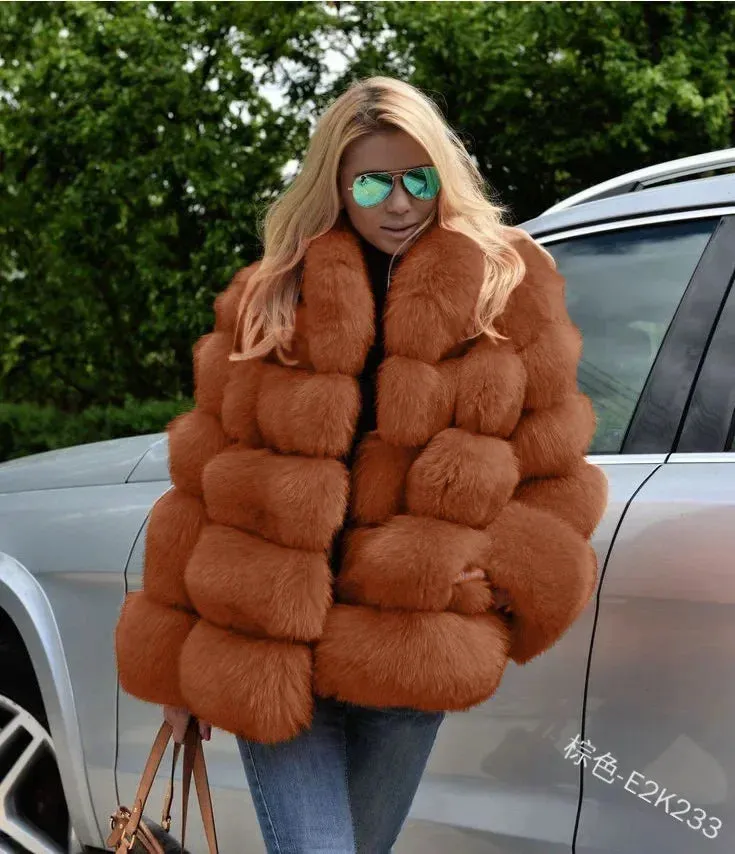 Women Faux Fox Fur Coats Maxi Coats Turn Down Collar Thick Warm Elegant Autumn Winter Open Stitch Fur Jackets Warm Streetwear