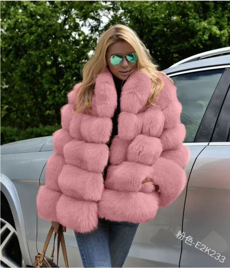 Women Faux Fox Fur Coats Maxi Coats Turn Down Collar Thick Warm Elegant Autumn Winter Open Stitch Fur Jackets Warm Streetwear