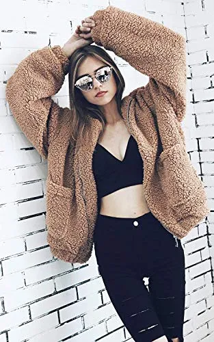 Women's Fleece Fuzzy Faux Shearling Zipper Coat