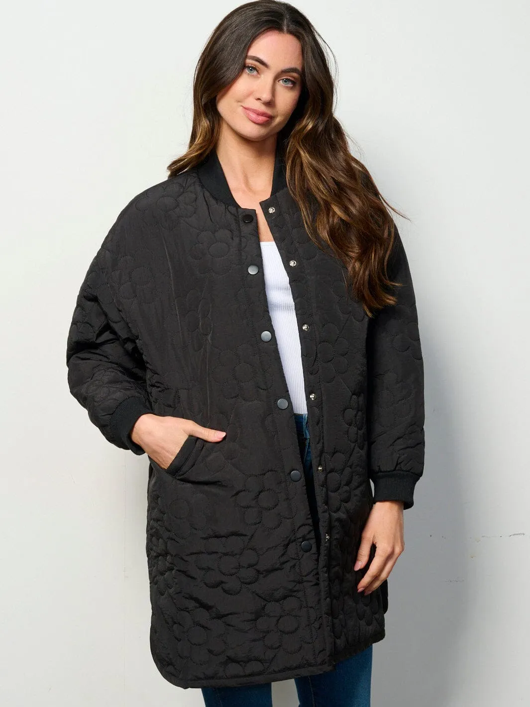 WOMEN'S LONG SLEEVE BUTTON UP FRONT POCKETS FLOWERS PADDED COAT