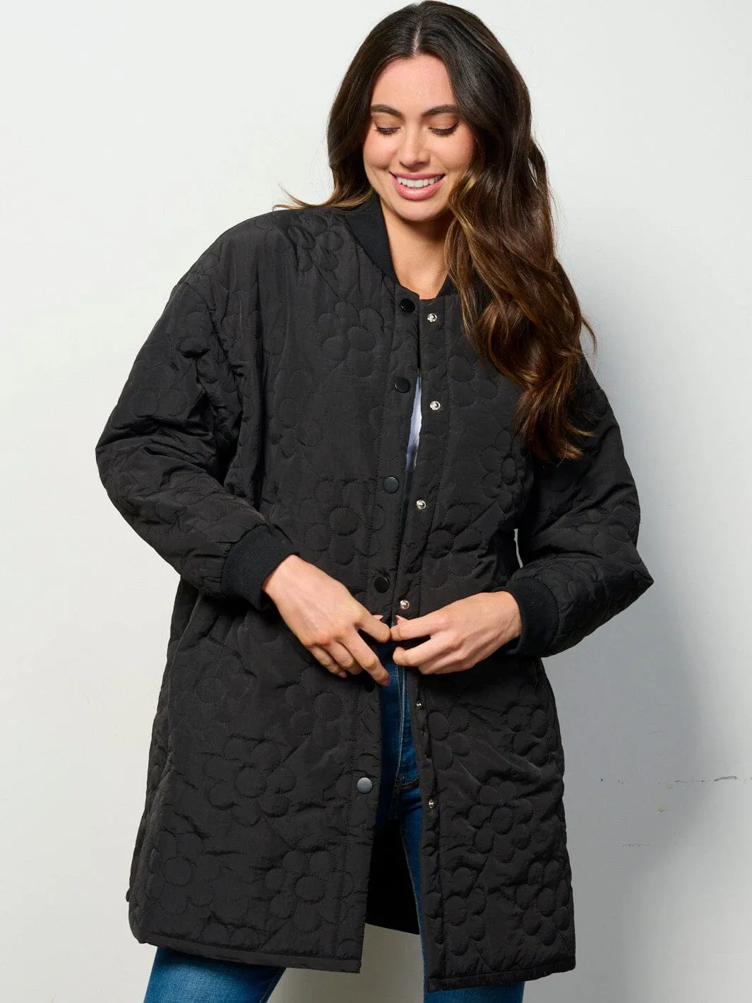 WOMEN'S LONG SLEEVE BUTTON UP FRONT POCKETS FLOWERS PADDED COAT
