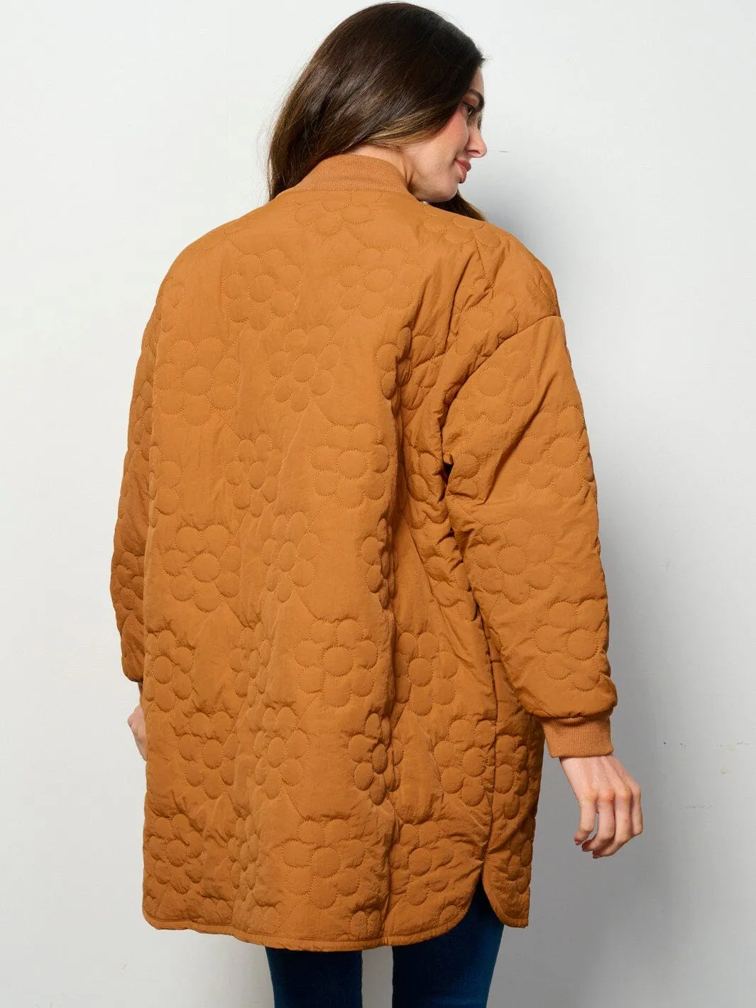 WOMEN'S LONG SLEEVE BUTTON UP FRONT POCKETS FLOWERS PADDED COAT