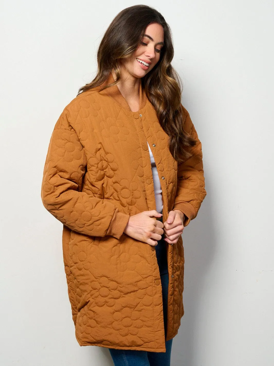 WOMEN'S LONG SLEEVE BUTTON UP FRONT POCKETS FLOWERS PADDED COAT