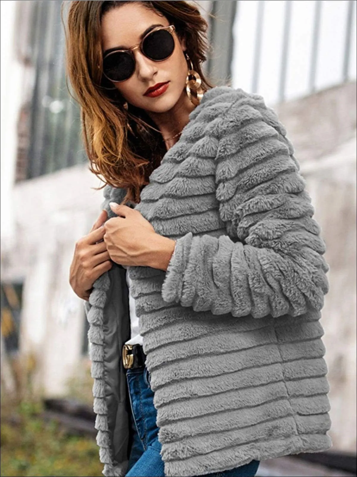 Women's Solid Grey Wrap Faux Fur Coat