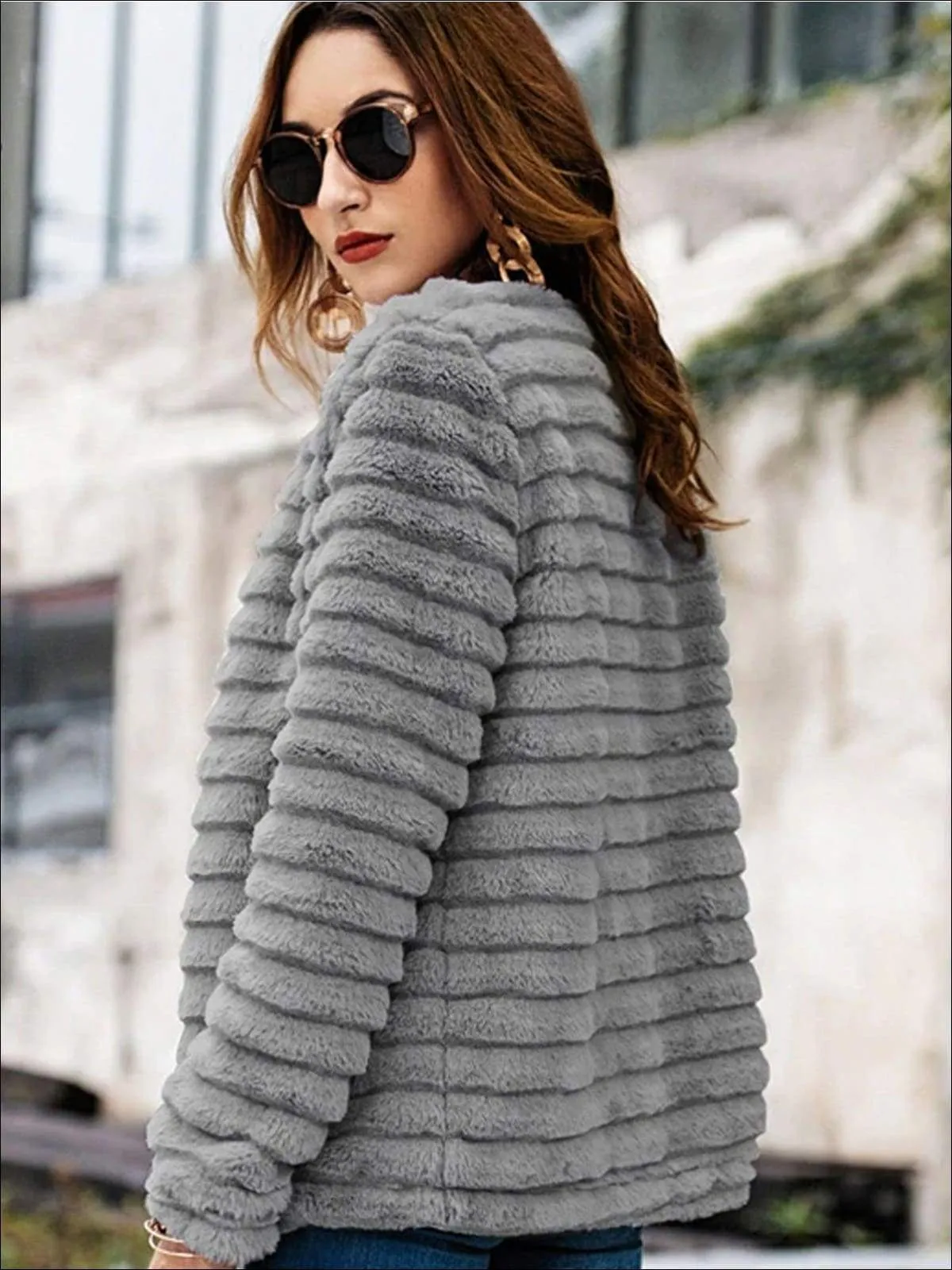 Women's Solid Grey Wrap Faux Fur Coat
